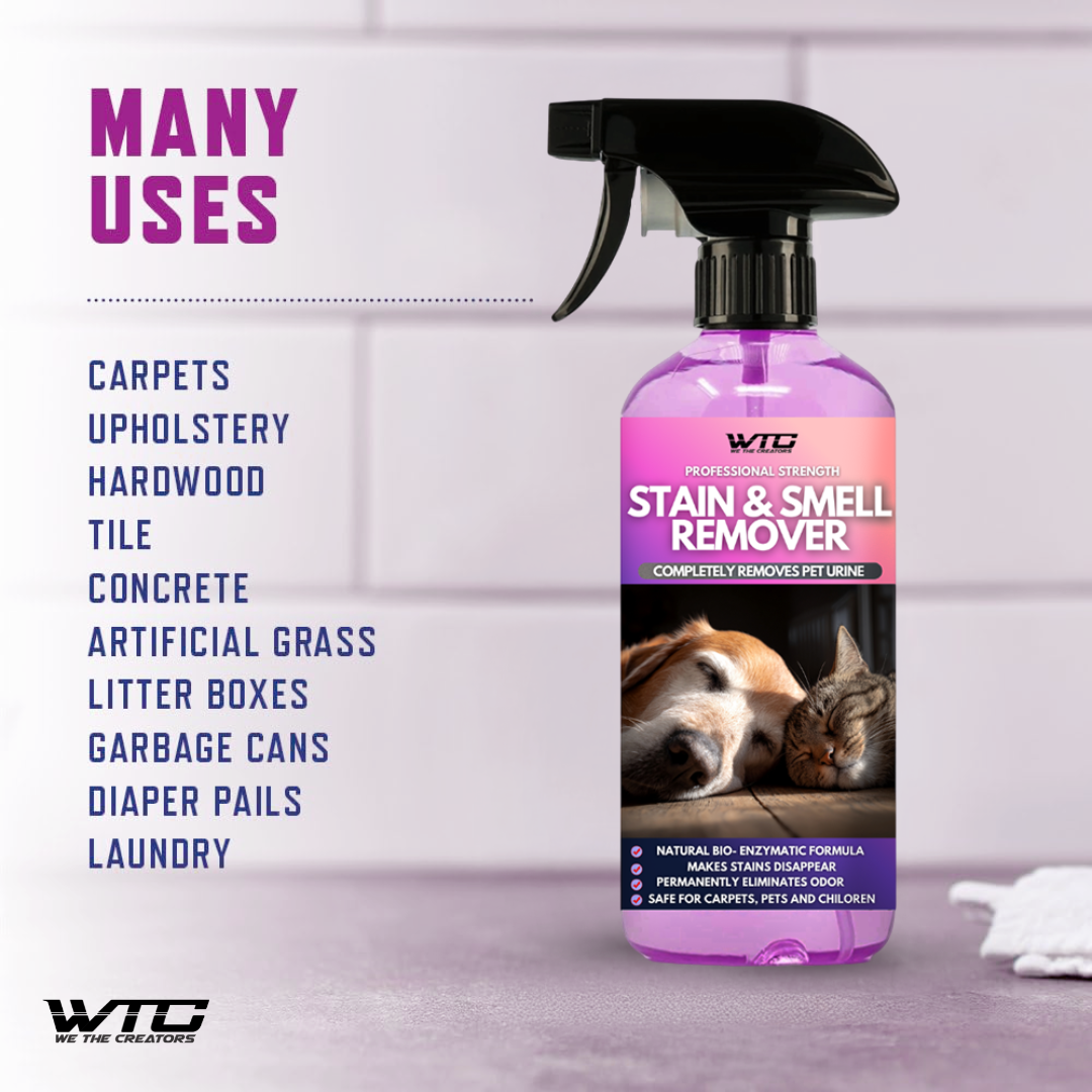 WTC Bio-Enzyme Pet Stain & Odor Eliminator Spray - Smell, Stain & Urine Remover for Cats, Dogs & Other Animals - 500ml Spray Safe for the Home - Neutral