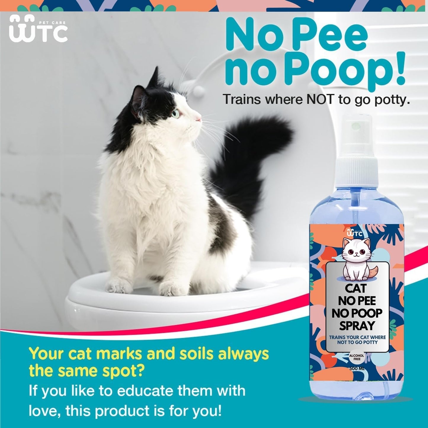 WTC No Pee No Poop Cat Potty Training Spray, 500 ML – Non-Toxic Cat Spray Deterrent for Urine/Marking/Pooping – Natural Cat Pee Deterrent Spray – Indoor/Outdoor Keep Off Cat Spray