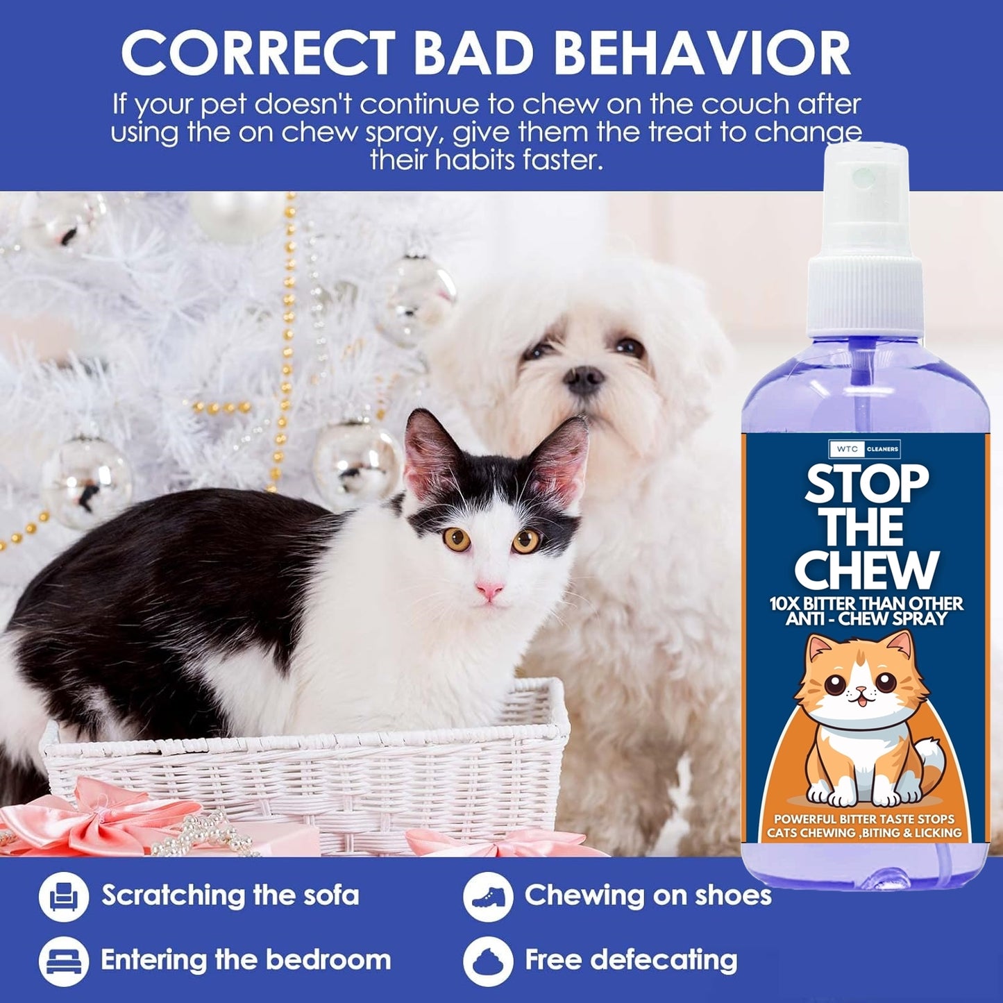 WTC Stop The Chew 500 ML Spray for Indoor and Outdoor Use, Cat Repellent Spray for Furniture, No Scratch Spray for Cats, Anti-Scratch Cat Training Spray