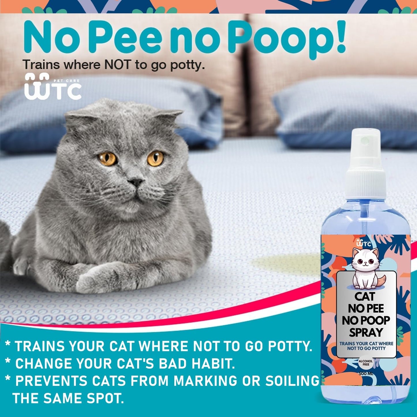 WTC No Pee No Poop Cat Potty Training Spray, 500 ML – Non-Toxic Cat Spray Deterrent for Urine/Marking/Pooping – Natural Cat Pee Deterrent Spray – Indoor/Outdoor Keep Off Cat Spray