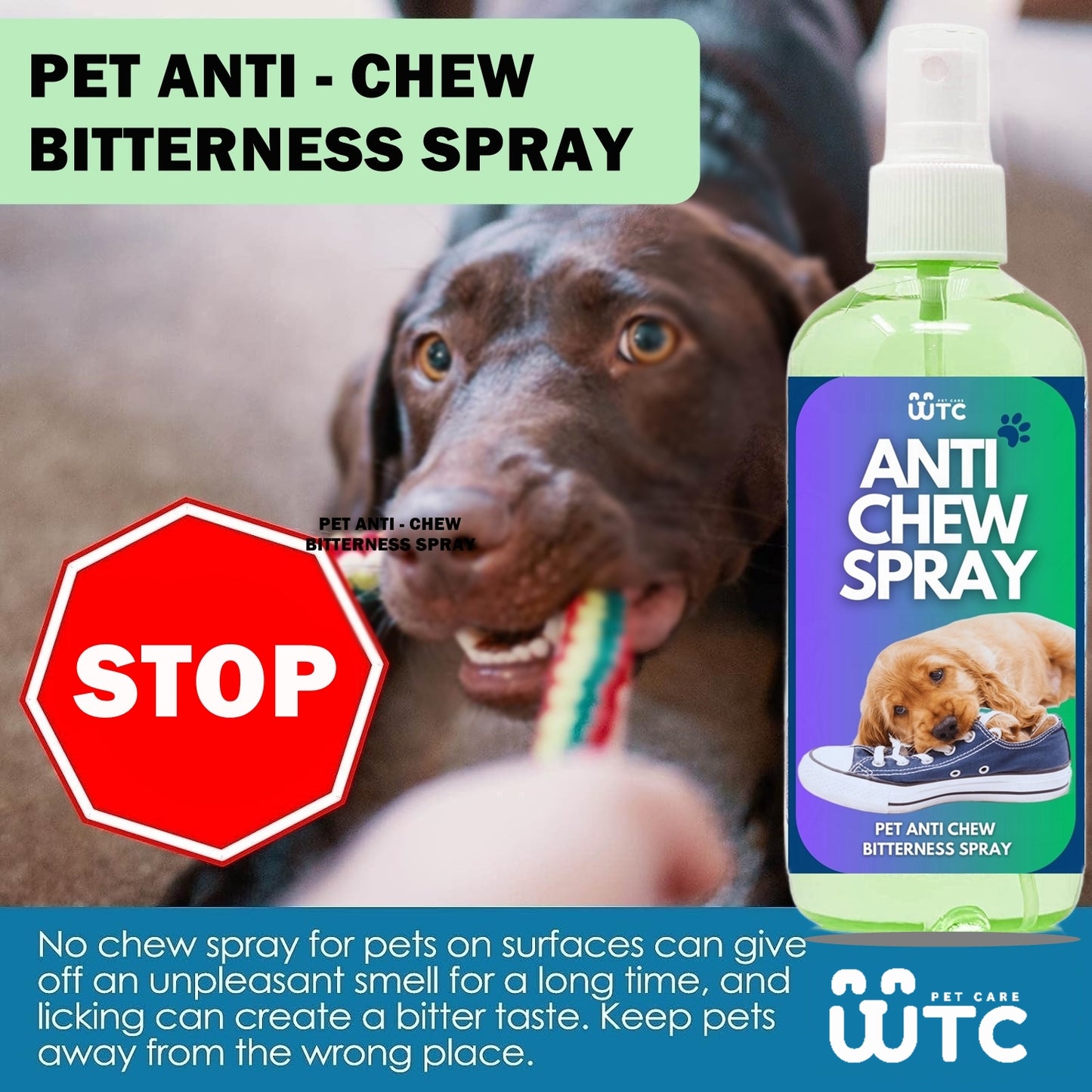 WTC Bitter Apple Spray 500 ml for Dogs to Stop Chewing | Puppy and Dog Chewing Spray Deterrent | Anti Chew Extra Strength Pet Corrector | Safe for Indoors & Outdoors